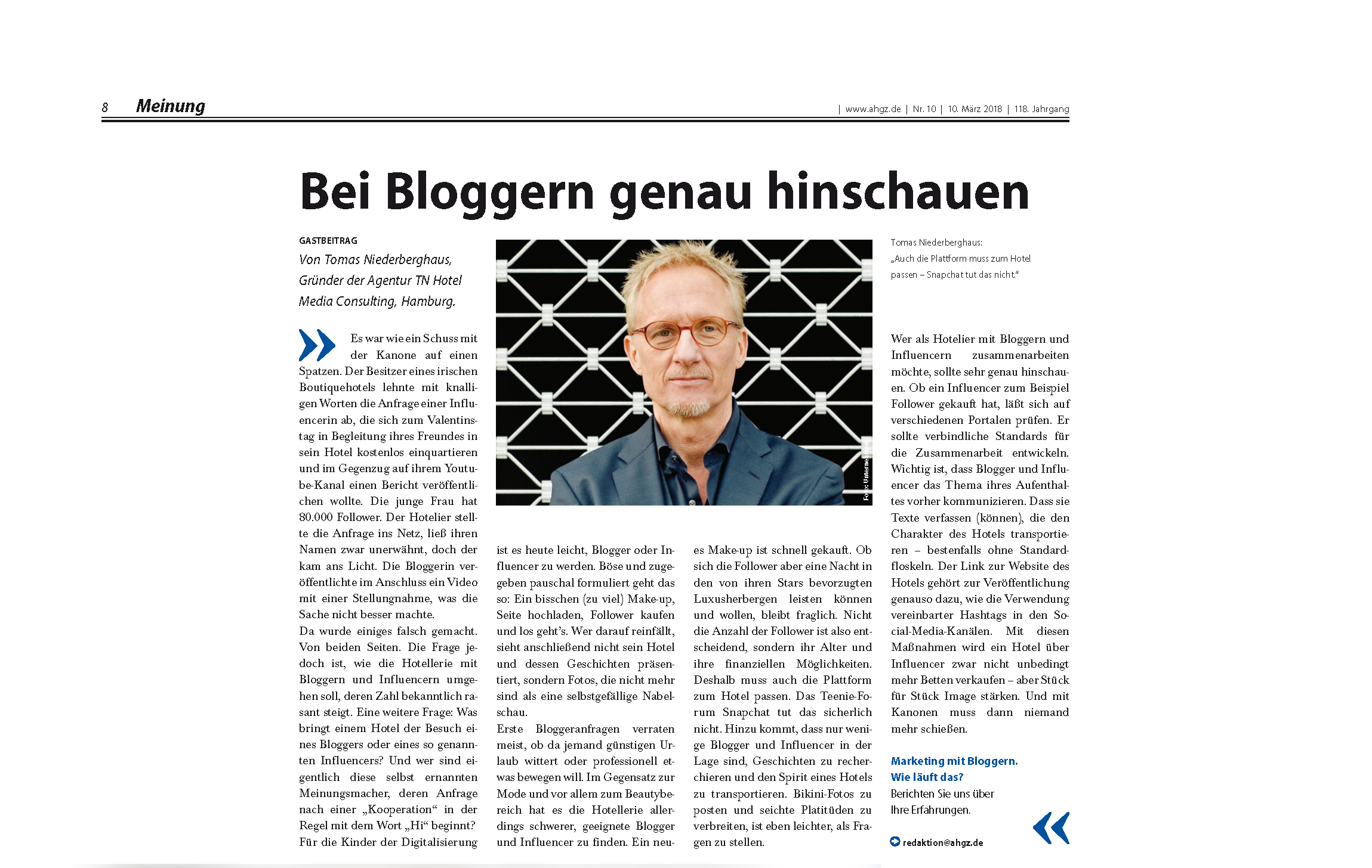 Tomas Niederberghaus zu Influencer- und Blogger-Anfragen im Hotelconsulting